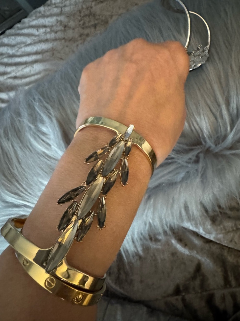 BCBGMaxAzria Silver and Gold Crystal Leaf Cuff Bracelets Pair